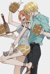  41097772s absurdres alcohol arm_tattoo beer blonde_hair clima-tact copyright_request denim highres jeans nami_(one_piece) one_piece orange_hair pants sanji_(one_piece) shoulder_tattoo tattoo 