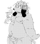 2024 anthro balls belly blush bodily_fluids canid canine canis domestic_dog erection genital_fluids genitals hi_res japanese_text kemono male mammal moobs navel nipples overweight overweight_male penis precum simple_background solo suishou0602 text