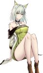  1girl animal_ear_fluff animal_ears arknights bare_shoulders black_choker black_footwear boots breasts cat_ears choker commentary_request criss-cross_halter dress green_dress green_eyes green_hair halterneck high_heel_boots high_heels highres kal&#039;tsit_(arknights) knees_up large_breasts long_sleeves looking_at_viewer off-shoulder_dress off_shoulder poni_(poni_arknights) short_hair simple_background sitting solo thighs white_background 