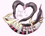  dated fireblast giratina giratina_(origin) grey_background happy_birthday heart heart_wings mimikyu no_humans pokemon pokemon_(creature) red_eyes simple_background solid_oval_eyes spikes tail wavy_mouth wings 