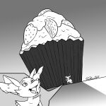 ambiguous_gender anthro braixen cupcake digital_media_(artwork) dipstick_tail extreme_size_difference fangs food fur generation_6_pokemon giant_food hi_res inner_ear_fluff looking_up markings micro monochrome nintendo open_mouth poke_puff pokemon pokemon_(species) signature simple_background size_difference solo stick stick_in_tail tail tail_markings teeth tongue tsitra360 tuft zoom_in zoom_layer