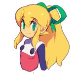  1girl blonde_hair blush breasts closed_mouth commentary_request dress green_eyes green_ribbon hair_ribbon long_hair looking_at_viewer metata ponytail red_dress ribbon rockman rockman_(classic) roll sidelocks simple_background sketch smile solo white_background 