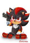  aged_down angry anthro black_body black_fur blush clothing cub eulipotyphlan footwear frown fur gloves gun handgun handwear hedgehog holding_gun holding_object holding_weapon male mammal parody ranged_weapon red_body red_eyes red_fur shadow_the_hedgehog shoes simple_background sitting solo sonic_the_hedgehog_(film) sonic_the_hedgehog_(series) weapon white_background wizaria young 