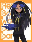  1girl black_hair black_jacket black_pants blue_eyes blue_gloves blue_shirt border closed_mouth cowboy_shot dark-skinned_female dark_skin eyelashes geeta_(pokemon) gloves highres jacket long_hair long_sleeves lvetica neck_ribbon orange_border outline pants pointing pokemon pokemon_sv ribbon shirt smile solo white_background yellow_ribbon 