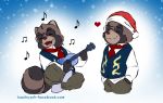  2019 anthro bottomwear canid canine christmas clothed clothing doraemonbasil eyes_closed eyewear glasses guitar hat headgear headwear holidays male mammal musical_instrument necktie pants plucked_string_instrument raccoon_dog richard_hayashi santa_hat shirt sitting solo string_instrument tanuki topwear 