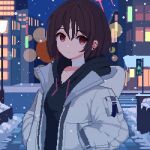  1girl bandaged_neck bandages black_sweater blue_archive brown_hair city city_lights coat ear_piercing earrings halo highres jewelry misaki_(blue_archive) piercing pixel_art red_eyes red_halo short_hair snow solo sweater tinia_etru white_coat 