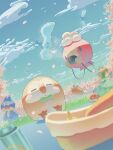  altaria blurry blurry_foreground closed_eyes cloud commentary_request cup day dedenne drifloon drinking eating falling_petals food food_on_face grass highres holding holding_cup lilligant mokukitusui munchlax no_humans outdoors petals pokemon pokemon_(creature) rowlet sitting sky swablu tatsugiri 
