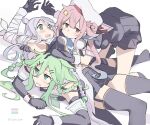  4girls all_fours bandages beret black_gloves black_ribbon black_serafuku black_shirt black_skirt black_thighhighs blue_neckerchief braid elbow_gloves garter_straps gloves green_eyes green_hair green_neckerchief grey_hair hair_between_eyes hair_flaps hair_ornament hairclip harusame_(kancolle) hat kantai_collection long_hair mole mole_under_eye multiple_girls neckerchief pink_hair pleated_skirt red_eyes ribbon sailor_collar sailor_shirt school_uniform serafuku shirt side_ponytail single_braid skirt sleeveless sleeveless_shirt sugue_tettou thighhighs twin_braids umikaze_(kancolle) umikaze_kai_ni_(kancolle) very_long_hair white_headwear white_sailor_collar yamakaze_(kancolle) yamakaze_kai_ni_(kancolle) 