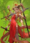  1girl armlet breasts brown_hair china_dress chinese_clothes double_bun dragon dragon_tail dress extra_arms grey_eyes hair_bun highres holding holding_sword holding_weapon looking_at_viewer original over_shoulder sheath signature small_breasts solo standing sword tail takayama_toshiaki unsheathing vambraces weapon weapon_over_shoulder 