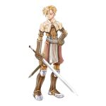  1boy 2000s_(style) armored_boots asymmetrical_hair belt blonde_hair blue_eyes boots brown_footwear brown_pants brown_shirt brown_shorts capelet closed_mouth expressionless full_body hand_on_own_hip highres holding holding_sword holding_weapon looking_afar male_focus medium_bangs myung-jin_lee official_art pants ragnarok_online scabbard sheath shirt short_hair shorts simple_background solo standing sword swordsman_(ragnarok_online) tachi-e transparent_background weapon white_capelet 