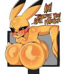 2024 anthro big_breasts black_nose bodily_fluids breasts computer_monitor dipstick_ears english_text female generation_1_pokemon hi_res huge_breasts looking_at_viewer multicolored_ears nintendo nude pikachu pokemon pokemon_(species) saltyxodium solo sweat text tongue yellow_body