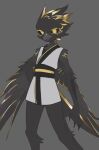 absurd_res ambiguous_gender anthro avian beak biped black_body black_feathers clothed clothing feathers grey_background hi_res kaltespur open_beak open_mouth simple_background solo wings yellow_eyes