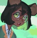  1girl animal_ears artist_name black_hair blush bumblesteak dark-skinned_female dark_skin glasses green_background green_eyes highres looking_at_viewer mouse_ears mouse_girl neck nose olive_(bumblesteak) open_mouth original shirt short_hair simple_background solo teeth tongue upper_teeth_only 
