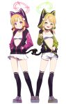  2girls :q absurdres animal_ears animal_hood black_choker black_jacket blonde_hair blue_archive blush bow breasts cat_hood cat_tail choker closed_mouth commentary_request fake_animal_ears full_body green_eyes green_halo hair_bow halo hands_in_pockets highres hood hood_up hooded_jacket jacket long_sleeves looking_at_viewer medium_hair midori_(blue_archive) miniskirt momoi_(blue_archive) multicolored_clothes multicolored_jacket multiple_girls navel open_mouth over-kneehighs partially_unzipped pink_eyes pink_halo pleated_skirt shoes short_shorts shorts siblings simple_background sisters sizque skirt small_breasts smile standing tail thighhighs tongue tongue_out twins two-tone_jacket unzipping white_background white_footwear white_shorts white_skirt zipper_pull_tab 