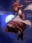  1girl animal_ears bangs bird_ears black_footwear character_request flying full_moon hair_between_eyes hat inishie_kumo juliet_sleeves long_sleeves looking_at_viewer moon night night_sky parted_bangs puffy_sleeves red_hair red_headwear shoes sky smile socks solo touhou wide_sleeves wings 