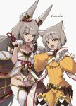  2girls :d animal_ear_fluff animal_ears bare_shoulders blush breasts brown_eyes commentary_request covered_navel detached_sleeves fang gloves grey_background grey_hair groin hands_up highres jumpsuit leotard long_hair long_sleeves looking_at_viewer low_twintails mio_(xenoblade) multiple_girls nia_(xenoblade) paw_pose puffy_long_sleeves puffy_sleeves simple_background small_breasts smile thighhighs twintails twitter_username uwo_chan very_long_hair white_gloves white_leotard white_sleeves white_thighhighs wide_sleeves xenoblade_chronicles_(series) xenoblade_chronicles_2 xenoblade_chronicles_3 yellow_jumpsuit 