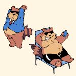 1:1 2024 anthro belly biped bottomwear brown_body clothing eyewear killer_outlet male mammal mo_(undertale_yellow) moobs necktie overweight overweight_male procyonid raccoon shirt shorts simple_background sitting smile solo stretching sunglasses topwear undertale_(series) undertale_yellow