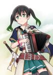  1girl absurdres accordion ascot asdasun1 belt black_hair black_thighhighs blue_cape brown_belt cape closed_mouth coat collared_coat commentary_request gradient_hair green_eyes green_hair green_skirt hair_between_eyes highres holding holding_instrument instrument looking_afar love_live! love_live!_nijigasaki_high_school_idol_club medium_hair multicolored_hair pleated_skirt short_sleeves sidelocks skirt solo standing sword takasaki_yu thighhighs twintails upper_body weapon white_ascot white_coat zettai_ryouiki 