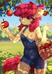 5_fingers accessory airiniblock anthro apple apple_basket apple_bloom_(mlp) apple_tree bow_(feature) bow_ribbon breasts clothed clothing day earth_pony equid equine female fingers food friendship_is_magic fruit fruit_tree grass hair_accessory hair_bow hair_ribbon hasbro hi_res holding_apple holding_food holding_fruit holding_object horse jumper mammal my_little_pony nipples no_bra no_cutiemark outside partially_clothed pink_nipples plant pony ribbons solo tree under_shade yellow_breasts