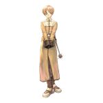  1boy 2000s_(style) acolyte_(ragnarok_online) armored_boots blonde_hair bob_cut book boots brown_eyes brown_footwear brown_gloves brown_pants cassock closed_mouth full_body gloves highres holding holding_book long_sleeves looking_afar looking_to_the_side mace male_focus medium_bangs myung-jin_lee official_art pants ragnarok_online short_hair simple_background smile solo spiked_mace spikes standing tachi-e transparent_background weapon 
