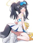  1girl absurdres animal_ears aruruaaaa ass bare_arms bare_shoulders black_hair blue_archive blue_eyes blush breasts cheerleader crop_top dog_ears dog_girl dog_tail eyewear_on_head from_behind halo hibiki_(blue_archive) hibiki_(cheer_squad)_(blue_archive) highres holding holding_pom_poms kneeling long_hair looking_at_viewer looking_back millennium_cheerleader_outfit_(blue_archive) miniskirt official_alternate_costume open_mouth panties pleated_skirt pom_pom_(cheerleading) ponytail shirt shoes simple_background sitting skirt sleeveless small_breasts sneakers solo star_sticker sticker_on_arm sweat swimsuit tail underwear very_long_hair wavy_mouth white_background white_footwear white_panties white_skirt yellow_halo 