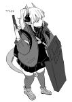  1girl arknights backpack bag ballistic_shield closed_mouth collared_jacket commentary_request dragon_girl dragon_horns dragon_tail from_above full_body greyscale gun hand_up handgun haruichi_(sazanami_complex) hatching_(texture) high_collar highres holding holding_gun holding_weapon horns jacket linear_hatching liskarm_(arknights) long_sleeves looking_ahead medium_hair miniskirt monochrome open_clothes open_jacket pleated_skirt ponytail scarf serious shield shoes simple_background skirt sneakers solo standing strap sweater tail thighhighs trigger_discipline weapon white_background 