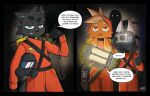 2_panel_comic anthro biped black_body black_fur bodysuit bozlerart canid canine clothing comic dialogue duo english_text felid feline fur gas_mask grey_body grey_fur group lethal_company male mammal mask monster multiple_images orange_body orange_bodysuit orange_fur orange_skinsuit protective_gear skinsuit speech_bubble text tight_clothing trio