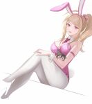  1girl :d akamatsu_kaede animal_ears blonde_hair character_doll danganronpa_(series) danganronpa_v3:_killing_harmony detached_collar fake_animal_ears fake_tail grey_pantyhose hair_ornament high_heels highres keke_(xfxyuio) looking_at_viewer musical_note musical_note_hair_ornament necktie official_alternate_costume open_mouth pantyhose pink_eyes ponytail rabbit_ears rabbit_tail red_necktie saihara_shuichi shoes sitting smile solo tail 