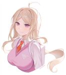  1girl 2023 absurdres ahoge akamatsu_kaede backpack bag blonde_hair breasts closed_mouth collared_shirt cropped_torso danganronpa_(series) danganronpa_v3:_killing_harmony dated hair_ornament highres keke_(xfxyuio) large_breasts long_hair long_sleeves looking_at_viewer musical_note musical_note_hair_ornament necktie orange_necktie pink_eyes pink_sweater_vest randoseru shirt simple_background smile solo sweater_vest upper_body white_background white_shirt 