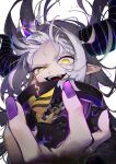  1girl absurdres ascot collar commentary_request demon_girl demon_horns fangs grey_hair highres hololive horns la+_darknesss la+_darknesss_(1st_costume) long_hair long_sleeves looking_at_viewer metal_collar multicolored_hair o-ring open_mouth pointy_ears purple_hair purple_nails sauce_darusungi smile solo streaked_hair striped_horns upper_body virtual_youtuber white_background yellow_ascot yellow_eyes 