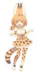  1girl :d animal_ears bare_shoulders bow bowtie contrapposto elbow_gloves eyebrows_visible_through_hair full_body gloves hands_up high-waist_skirt highres kemono_friends looking_at_viewer nagisa_kurousagi open_mouth orange_eyes orange_gloves orange_hair orange_legwear orange_neckwear orange_skirt orange_theme serval_(kemono_friends) serval_ears serval_print serval_tail shirt shoes short_hair simple_background skirt smile solo tail thighhighs white_background white_footwear white_shirt 