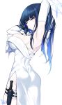  1girl absurdres armpits arms_behind_head arms_up ass bare_shoulders black_hair blue_archive blue_eyes blue_hair blush breasts combat_knife dress elbow_gloves gloves gradient_hair halo highres knife knife_sheath large_breasts long_hair looking_at_viewer looking_back multicolored_hair saori_(blue_archive) saori_(dress)_(blue_archive) sheath solo thighs watosu weapon white_dress white_gloves 