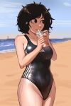  1girl adidas beach black_eyes black_hair black_one-piece_swimsuit body_freckles breasts cowboy_shot cup drink drinking drinking_straw drinking_straw_in_mouth freckles highres holding holding_cup lighthouse looking_ahead messy_hair ocean one-piece_swimsuit one-piece_tan original outdoors sky solo standing swimsuit tan tanlines thighs tomboy veyonis wet wet_clothes wet_swimsuit 