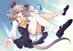  1girl :d animal_ears black_footwear bloomers bow bowtie full_body grey_hair grey_skirt grey_tail grey_vest jewelry long_sleeves mouse_ears mouse_tail nazrin necklace puffy_sleeves red_eyes shirt shoe_soles skirt smile socks solo tail tomobe_kinuko touhou vest white_bloomers white_shirt white_socks yellow_bow yellow_bowtie 