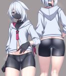  1girl ass ass_visible_through_thighs bike_shorts black_gloves black_shirt black_shorts commentary_request covered_collarbone gloves grey_background grey_eyes grey_hair grey_jacket groin hair_intakes hair_over_one_eye highres hood hood_down hooded_jacket jacket kneepits long_sleeves looking_at_viewer mask mouth_mask multiple_views myouan navel original puffy_long_sleeves puffy_sleeves shirt shorts simple_background skindentation undershirt 