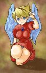  1girl angel_wings blonde_hair blue_eyes boots bracelet breasts breath_of_fire breath_of_fire_iii closed_mouth dated dress earrings feathered_wings full_body hairband jewelry knee_boots looking_at_viewer nina_(breath_of_fire_iii) panties puffy_sleeves short_hair sicky_(pit-bull) smile solo underwear upskirt white_panties white_wings wings 
