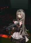  1girl absurdres apron assault_rifle black_dress black_gloves cowboy dress gas_mask girls&#039;_frontline gloves green_eyes grey_hair gun h&amp;k_hk433 hair_ornament half_gloves highres hk433_(girls&#039;_frontline) holding holding_gun holding_weapon lithographica looking_at_viewer maid_headdress mask mask_around_neck movie_theater rifle scope solo trigger_discipline weapon white_apron 