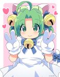  1girl ahoge animal_ears animal_hat apron bell blue_bow blue_dress blush bow cat_ears cat_hat cat_tail closed_mouth dejiko di_gi_charat double_v dress fake_animal_ears frilled_apron frills gloves green_eyes green_hair hair_bell hair_ornament hands_up hat heart highres hiro_hiroki jingle_bell looking_at_viewer multicolored_hair neck_bell parted_bangs puffy_short_sleeves puffy_sleeves short_sleeves smile solo striped_background tail tail_bow tail_ornament two-tone_hair v white_apron white_gloves 