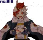 1boy :d cinderace crossed_arms ear_piercing jacket_on_shoulders long_sleeves looking_at_viewer male_focus multicolored_hair open_mouth personification piercing pokemon red_eyes red_hair shioya_(soooooolt) simple_background smile standing two-tone_hair upper_body white_background white_hair 