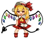  1girl ascot bad_id bad_pixiv_id blonde_hair chibi collared_shirt doryata fang flandre_scarlet full_body hat hat_ribbon holding holding_polearm holding_weapon laevatein_(touhou) looking_at_viewer medium_hair mob_cap multicolored_wings one_side_up open_mouth pixel_art polearm puffy_short_sleeves puffy_sleeves red_eyes red_footwear red_ribbon red_skirt red_vest ribbon shirt short_sleeves simple_background skin_fang skirt solo touhou vest weapon white_background white_headwear wings yellow_ascot 