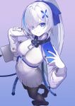  1girl azur_lane black_pantyhose blue_bow blue_eyes blue_hair bow breasts cellphone character_name cleavage closed_mouth collar colored_skin dress eyes_visible_through_hair from_above gradient_background hair_ornament high_ponytail highres holding holding_phone holding_tablet_pc large_breasts lom_(lom_lom_8) long_hair long_sleeves looking_at_viewer metal_collar multicolored_hair pantyhose phone short_dress smartphone smile solo streaked_hair tablet_pc tb_(azur_lane) tb_(type-l)_(azur_lane) white_dress white_hair white_skin x_hair_ornament 
