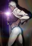  1boy ass cellphone dark_skin dark_skinned_male flashlight highres katou_teppei kekkai_sensen lens_flare midriff pants phone self_shot shirt_lift smartphone solo tight tight_pants white_hair white_pants zap_renfro 