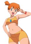 1girl :d breasts commentary_request commission eyelashes green_eyes hand_on_own_hip hand_up happy highres looking_at_viewer looking_down midriff misty_(pokemon) navel open_mouth orange_hair pixiv_commission pokemon shirt shorts side_ponytail simple_background sleeveless sleeveless_shirt smile solo tongue white_background wristband yellow_shirt yellow_shorts yotsuba_ichinose 