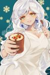  1girl blue_background breasts cleavage coat cup eternity_(reverse:1999) grin hands_up head_tilt highres holding holding_cup holding_spoon jellyfish_earrings long_hair looking_at_viewer milk nightgown outstretched_hand reverse:1999 smile snowflake_background solo spoon steam upper_body white_coat white_hair white_nightgown yellow_eyes yutsuki_(gi5eg3) 
