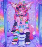 2_tails abstract_background absurd_res accessory ambiguous_gender anthro bathroom bow_accessory clothed clothing diaper facial_piercing female fishnet hair_accessory hi_res hypnotic_eyes kandi_(bracelet) klbblez legwear multi_tail multiple_piercings pacifier pacifier_necklace piercing psychedelic_background public_restroom solo stockings tail torn_clothing torn_legwear torn_stockings underwear wearing_diaper