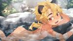  1boy absurdres animal_ears ass bandages bath bathing black_ears blonde_hair cat_ears commission commissioner_upload earrings fangs highres indie_virtual_youtuber jewelry kainen looking_at_viewer lying male_focus mole nude on_stomach onsen partially_submerged red_eyes rock skeb_commission virtual_youtuber water wet wool_bl 