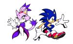  1boy 1girl animal_ears arm_behind_back blaze_the_cat blue_fur cat_ears cat_girl cat_tail forehead_jewel fur-trimmed_gloves fur_trim furry furry_female furry_male gloves green_eyes highres jacket lamelev ponytail purple_jacket red_footwear simple_background smile sonic_(series) sonic_rush sonic_the_hedgehog tail waving white_background white_gloves yellow_eyes 