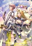  1boy 1girl blonde_hair breasts brown_eyes brown_hair cleavage company_name copyright_name fierte gloves green_eyes hair_between_eyes halo holding holding_sword holding_weapon long_hair momoshiki_tsubaki official_art outdoors pointy_ears standing sword watermark weapon white_gloves z/x 