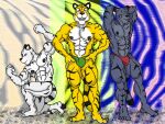 ab_ookami_kun anthro barazoku clothing felid green group hairless male male/male mammal mostly_nude muscular muscular_male nipples pantherine pecs pose smile speedo swimwear tiger trio