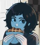  1girl adidas biting black_eyes black_hair blue_light commentary cut_bangs door eating food freckles highres holding holding_food indoors jerma985 jerma985_eating_a_whopper_(meme) looking_to_the_side meme messy_hair original polo_shirt screen_light solo tomboy veyonis waffle wide-eyed yuna_(veyonis) 